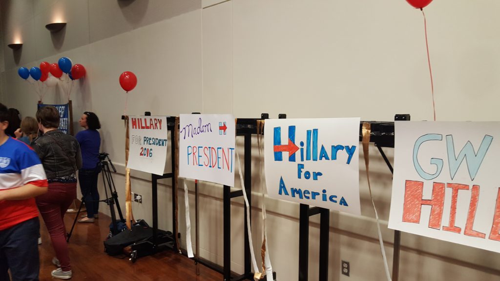 Signs supporting Hillary at the GW Dems Election Night Party
